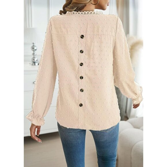 Womens Boho Long Sleeve Shirt Polyester Casual Ruffle Crochet Swiss Dot Top - Picture 3 of 5